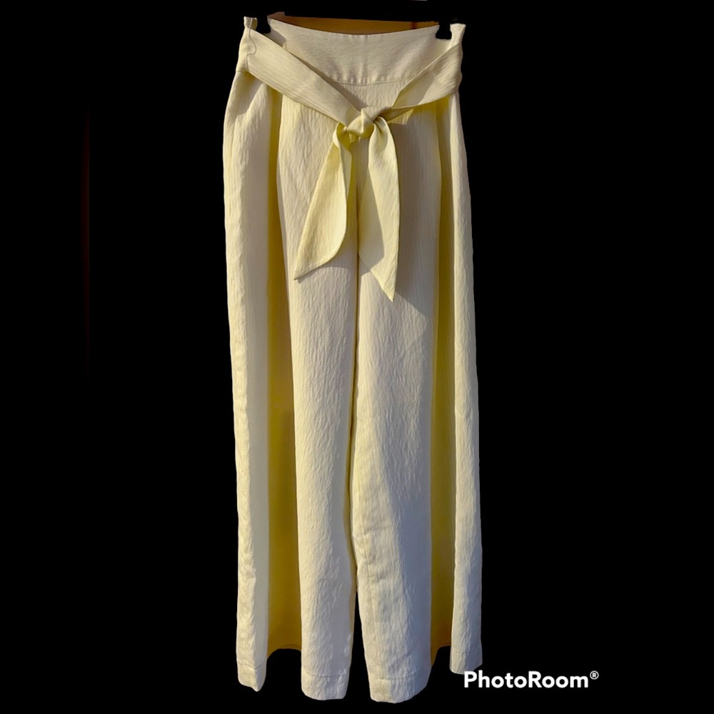Club Monaco Striped High-Waisted Flared “Bryanna” Pants in Yellow and White